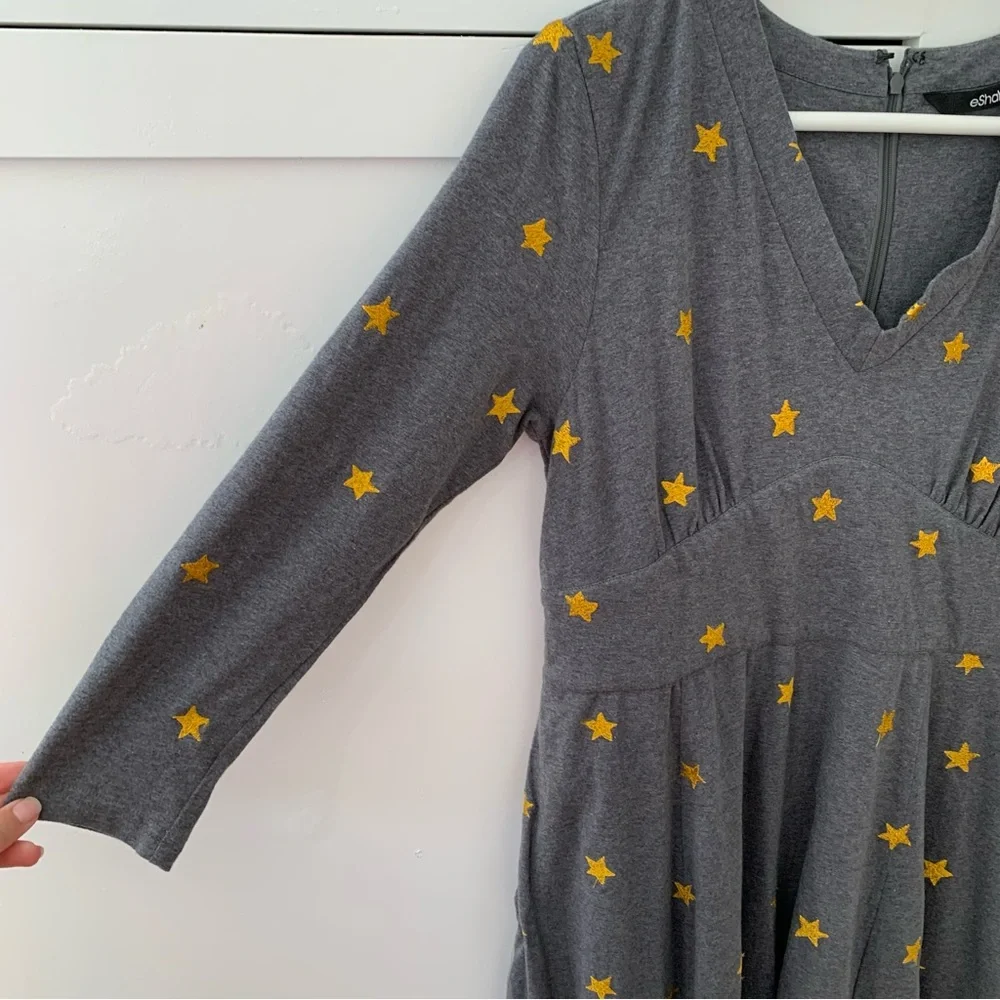 eShakti Gray Yellow Embroidered Stars V Neck Long Sleeve Midi Dress Size XL-16